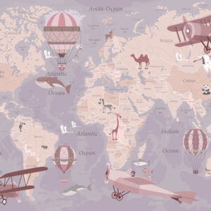 Carta da parati Mappa del mondo per bambini con animali in blu