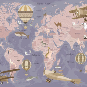Carta da parati Mappa del mondo per bambini con animali di colore verde