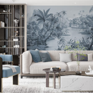 Carta da parati Tropici in bianco e nero con colori blu