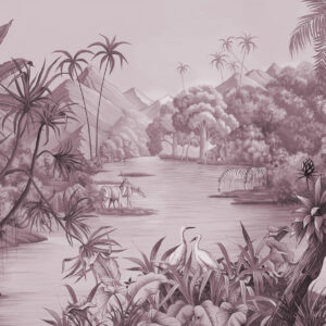 Carta da parati Tropici in bianco e nero con colori viola