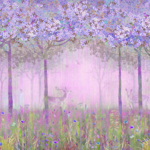 Carta da parati Alberi fioriti con lunghi tronchi, cervi tra gli alberi