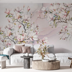 Carta da parati Alberi di magnolia in fiore su uno sfondo di marmo