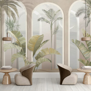 Carta da parati Foglie tropicali 3D con palme e colonne