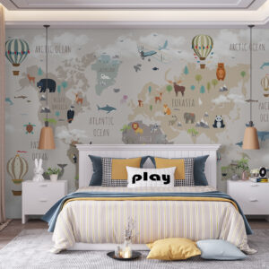 Carta da parati Mappa del mondo con animali e palloncini