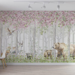 Carta da parati Foresta in fiore con animali