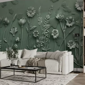 Carta da parati Fiori di campo 3D verde