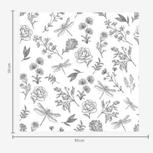 Carta da parati Fiori, foglie e libellule su sfondo bianco