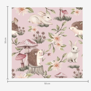 Carta da parati Ricci, conigli e fiori in stile fiabesco tra i funghi su sfondo rosa