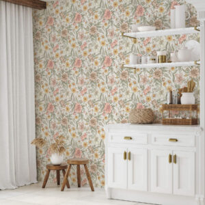 Carta da parati Margherite, peonie, gigli e foglie dai colori delicati