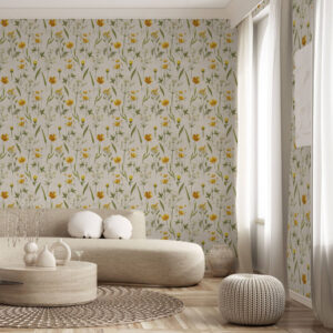 Carta da parati Fiori gialli e verde su sfondo beige