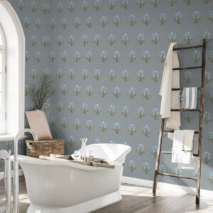 Carta da parati Fiori stilizzati su sfondo grigio-blu, palette fredda