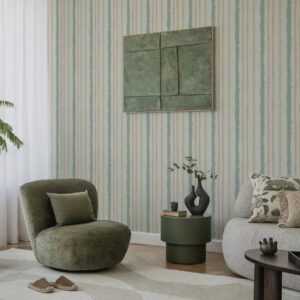 Carta da parati Righe turchesi-beige con effetto dipinto a mano