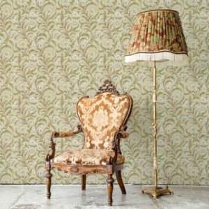 Carta da parati Ornamento vintage con volute e fiori, beige e oliva