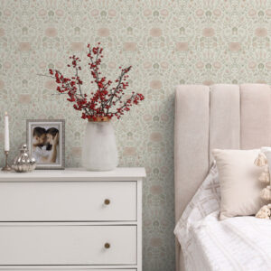 Carta da parati Stile Morris: peonie ed erbe in delicati toni di beige e verde