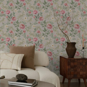 Carta da parati Peonie acquerellate e fiori bianchi su sfondo grigio-beige