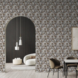 Carta da parati Fiori beige e rami scuri su sfondo grigio chiaro