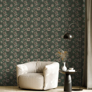 Carta da parati Fiori beige su uno sfondo verde intenso