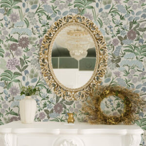 Carta da parati Fiori e foglie dai colori pastello in una palette blu menta