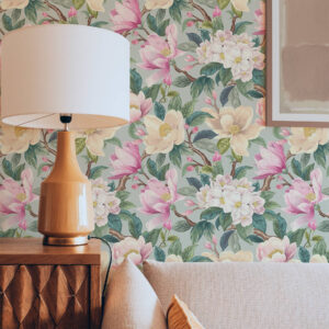 Carta da parati Magnolie e fiori bianchi su sfondo grigio menta