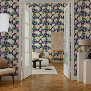 Carta da parati Magnolie e boccioli su uno sfondo blu navy intenso