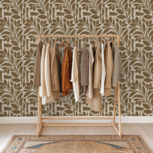 Carta da parati Sagome geometriche di foglie, marrone caramello su beige