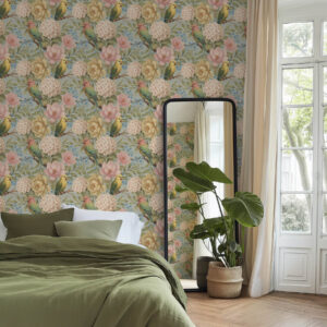 Carta da parati Pappagalli tra peonie, ortensie e magnolie