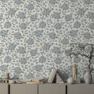 Carta da parati Fiori e foglie cespugliosi in una palette di colori grigio-blu