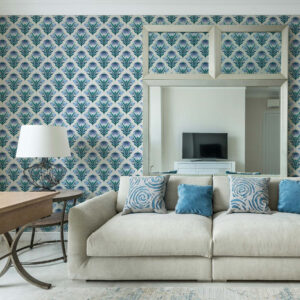 Carta da parati Ornamento floreale simmetrico nei toni del blu e del bianco