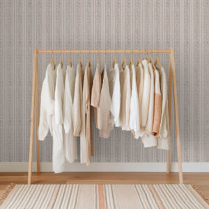Carta da parati Righe con pizzo e rametti grigio-beige
