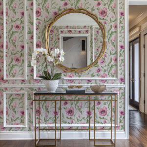 Carta da parati Delicati papaveri rosa con foglie realizzati con la tecnica dell'acquerello