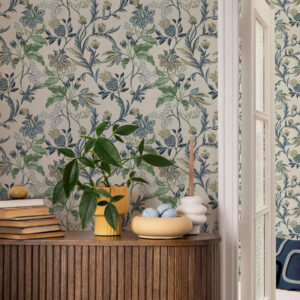 Carta da parati Fiori e foglie blu-verde su sfondo crema