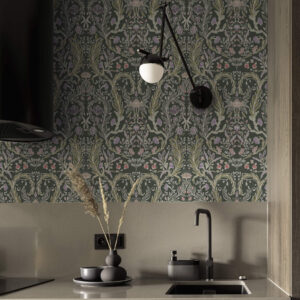 Carta da parati Ornamento floreale simmetrico su sfondo verde scuro