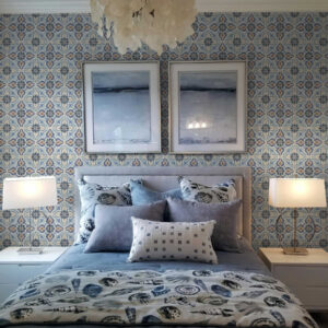 Carta da parati Ornamento in stile piastrella blu-beige dipinto ad acquerello