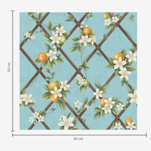 Carta da parati Fiori e agrumi su sfondo blu con motivo a traliccio
