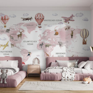 Carta da parati Mappa in stile acquerello per bambini con animali e mongolfiere. Lingua tedesca. Colore rosa.