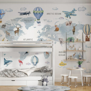 Carta da parati Mappa in stile acquerello per bambini con animali e mongolfiere. Lingua inglese. Colore blu.
