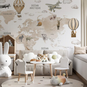Carta da parati Mappa in stile acquerello per bambini con animali e mongolfiere. Lingua francese. Colore beige.
