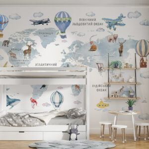 Carta da parati Mappa in stile acquerello per bambini con animali e mongolfiere. Lingua: ucraino. Colore: blu.