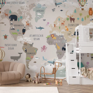Carta da parati Mappa del mondo per bambini con animali e mongolfiere. Lingua tedesca.
