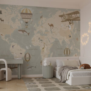 Carta da parati Mappa del mondo per bambini con animali, aeroplani e mongolfiere. Lingua tedesca. Colore beige.