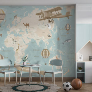 Carta da parati Mappa del mondo per bambini con animali, aeroplani e mongolfiere. Lingua tedesca. Colore blu.