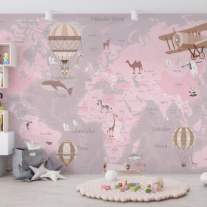 Carta da parati Mappa del mondo per bambini con animali, aeroplani e mongolfiere. Lingua tedesca. Colore rosa.