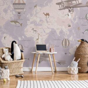 Carta da parati Mappa del mondo per bambini con animali, aeroplani e mongolfiere. Lingua tedesca. Colore viola.