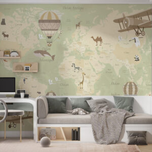 Carta da parati Mappa del mondo per bambini con animali, aeroplani e mongolfiere. Lingua francese. Colore verde.