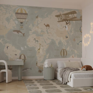 Carta da parati Mappa del mondo per bambini con animali, aeroplani e mongolfiere. Lingua polacca. Colore beige.
