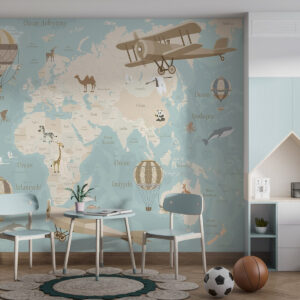 Carta da parati Mappa del mondo per bambini con animali, aeroplani e mongolfiere. Lingua polacca. Colore blu.