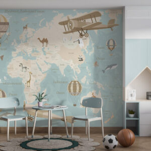 Carta da parati Mappa del mondo per bambini con animali, aeroplani e mongolfiere. Lingua ucraina. Colore blu.