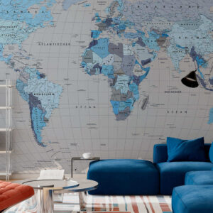 Carta da parati Una mappa politica del mondo con bandiere nei toni del blu (in tedesco)