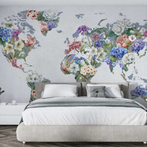 Carta da parati Una mappa del mondo colorata, realizzata con una varietà di fiori dai colori vivaci