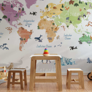 Carta da parati Una mappa a colori in stile acquerello che raffigura animali, piante ed edifici. Didascalie in tedesco